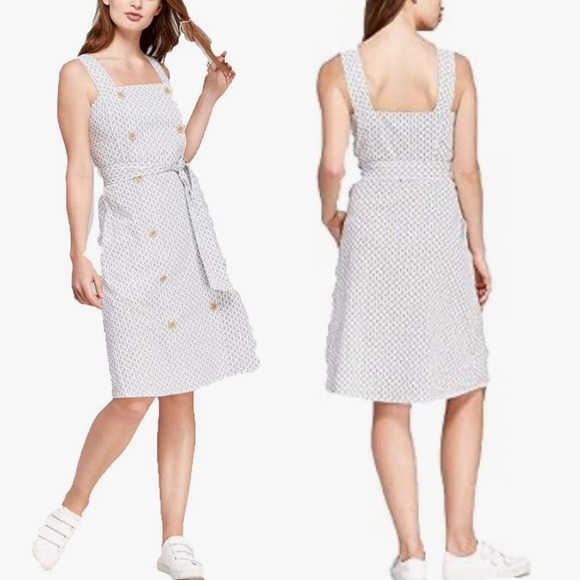 A New Day Linen Geo Print Double Breasted Sleeveless Apron Dress Cream Small - Picture 3 of 10